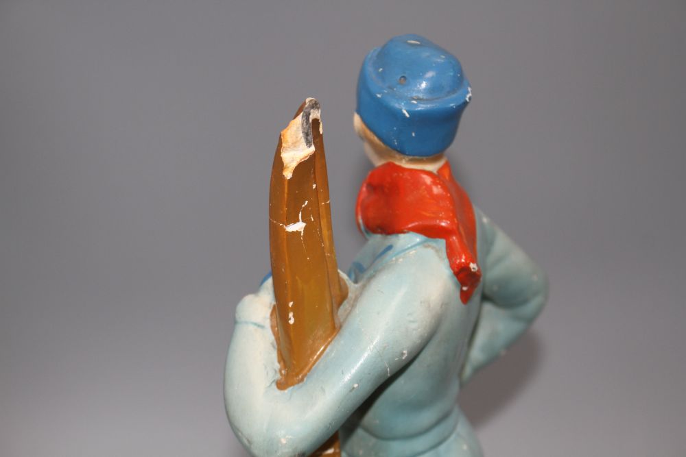 A 1930s painted plaster model of a skier, height 33cm